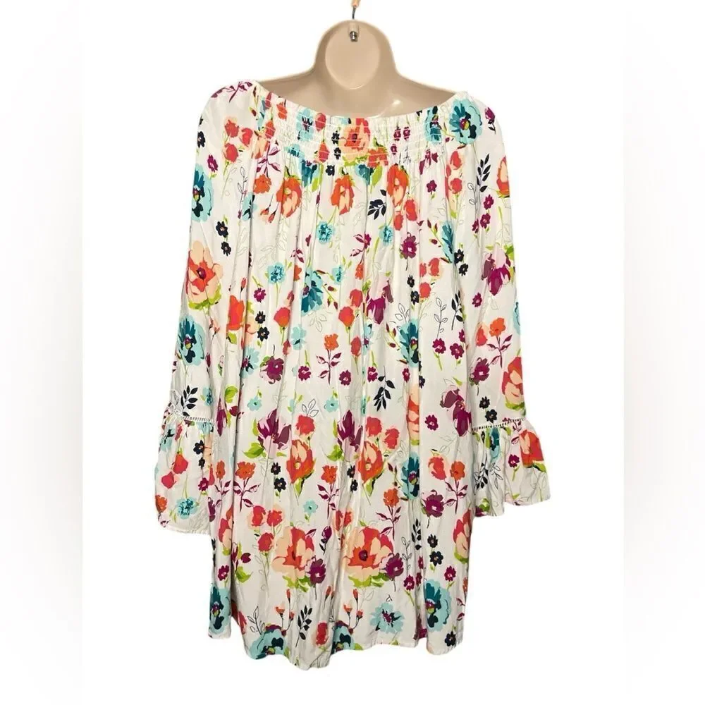 Terra & Sky White Floral lightweight soft woven knit fabric, 3/4-length sleeves